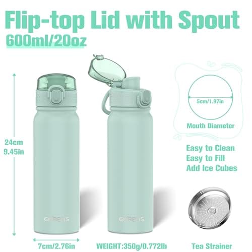 GOPPUS 600ml/20oz Insulated Water Bottle with Spout Lid (No Straw) Leakproof Stainless Steel Sports Bottle with One Hand Open Lid Double Wall Flask with Handle Keeps Drinks Cold BPA Free (Sage Green) — view 2