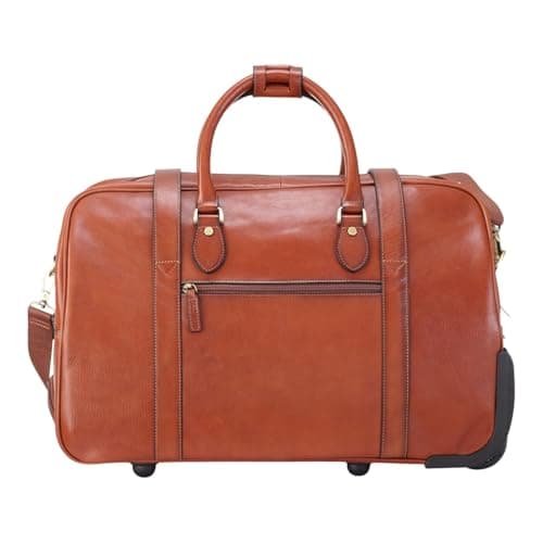 Genuine Leather Wheeled Travel Bag Large Rolling Duffle Weekender Business Carry On Suitcase - Tan 50 x 32 x 27 cm — view 4