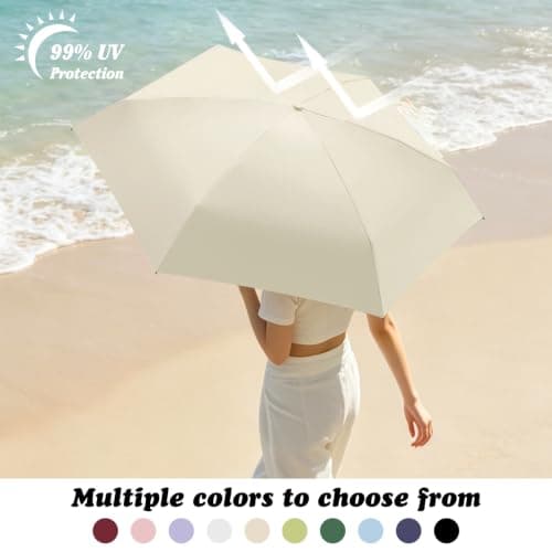 Sykerout 6 Ribs Mini Travel Umbrella, Compact Pocket Size With Storage Box，Beige — view 3