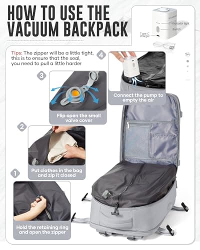 WEPOET Vacuum Backpack Travel with Pump for Man Women, Travel Carry on Backpack Flight Approved, Ryanair Cabin Bags 40x30x20, Waterproof Laptop Backpacks Casual Daypack, Gray — view 3