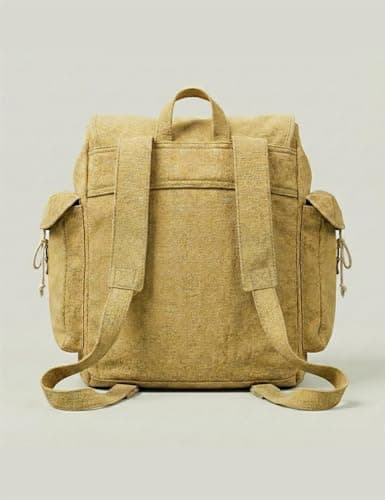 Vintage Canvas Backpack Webbing Rucksack 100% Cotton Army Style Satchel with Side Pockets - Work Travel School Bag - Khaki Beige — view 6