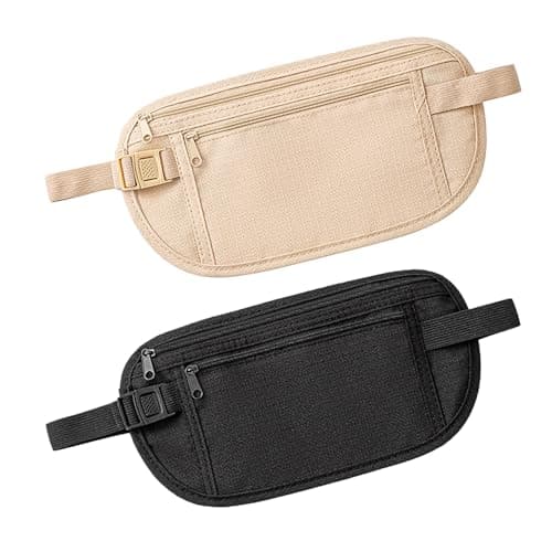 Verazquy 2Pcs Travel Money Belt, Ultra-Thin Money Belts Hidden Passport Holder Secure Travel Pouch Hidden Bumbag Under Clothes Blocking Wallet Waist Pack Anti Theft for Women Men