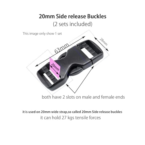 Baikeen Side Release Buckles 15mm/20mm/25mm/32mm/38mm/50mm Heavy Duty Plastic Buckle Clips Belt Snap Clasp Backpack Buckle Replacement Dual Adjustable No Sewing for Strap 20mm(20mm,2 Sets) — view 6