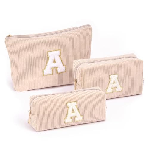 Vavabox 3Pcs Initial Makeup Bags Set Birthday Gifts for Women (A, Khaki)