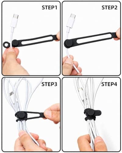 24PCS Reusable Silicone Cable Ties, Adjustable Cable Straps with Secure Buckle, Cord Organisers for Phone Chargers, Earphones, USB and Computer Cables, Home, Office and Travel Black — view 3