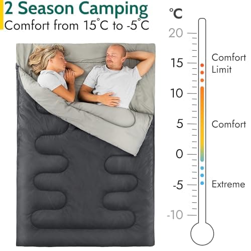 Trail Double Sleeping Bag For Adults, Envelope 2 Season Summer Spring Autumn 250gsm, Outdoor Camping, Lightweight Carry Bag, Storage Pockets, 200cm x 150cm — view 3
