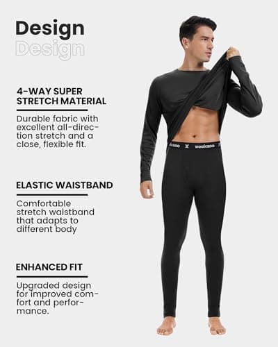 Men's 100% Merino Wool Base Layer Set Lightweight Black M — view 3