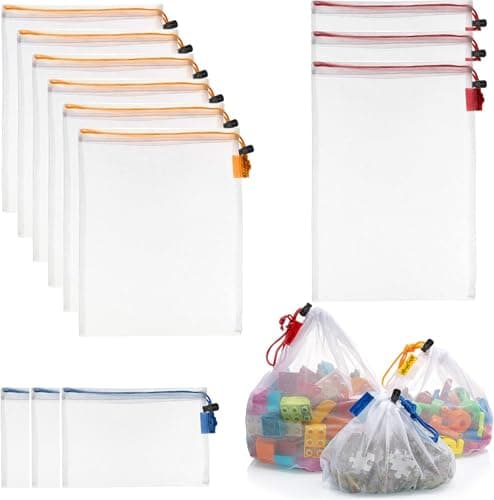 Reofrey 12 Pcs Toy Storage & Organization Mesh Bags, Bath Toy Storage with Drawstring, Washable Mesh Friendly See Through, for Fruit, Vegetables, Grocery, Shopping, Toys, 3 Various Sizes