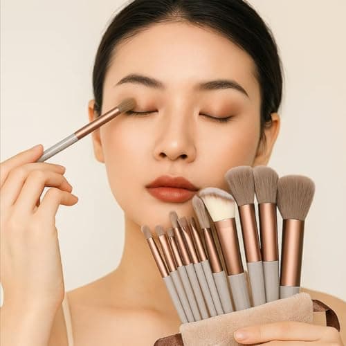13-Piece Brown Makeup Brush Set with Carrying Pouch with Storage Bag Portable Travel Size Make Up Brush Set for Foundation Powder Eye Shadow Contour handles Soft Dense Bristles (Brown Brush & Bag) — view 2