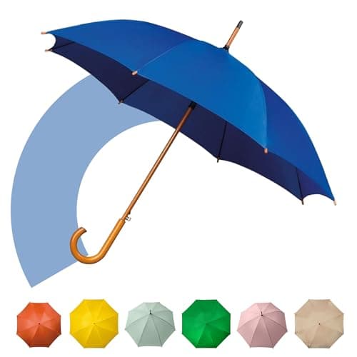 Jollybrolly Large Umbrella Blue | Wooden Walking Stick Umbrella, Crook Handle Large Canopy for Sun Protection Rainproof | Strongest Windproof Travel | Mens Umbrella Waterproof Long Stick
