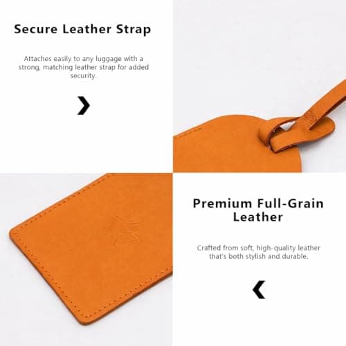 Wasama Genuine Leather Luggage Tag | Travel Baggage Tag | Durable Strap & Privacy Flap (Orange) — view 6