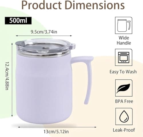 YiZhou Stainless Steel Travel Mug 500ml (17oz) – Leakproof 304 Cup with Locking Lid, Ergonomic Grip for British Tea, Office, UK Commute & Outdoor – Purple — view 2