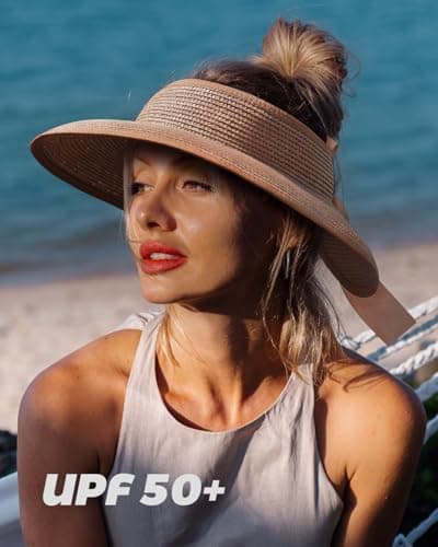 Creekstone Sun Visor Hats for Women Straw Visor Wide Brim UV Protection Packable Summer Beach Hat Ponytail Travel UPF 50+ (UK, Alpha, One Size, Khaki with Lace) — view 3