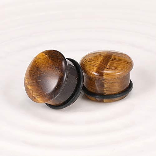 ZeSen Jewelry Tiger Eye Natural Stone Brown Ear Plugs Single Flare Ear Gauges Expander with O-Ring Body Piercing (Gauge=0g(8mm)) — view 4