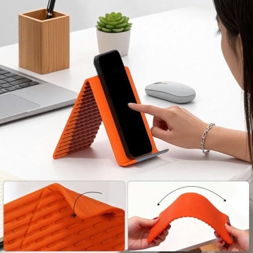 Flexible Silicone Phone Holder – Freely Bendable into Any Shape, Portable & Adjustable, Anti-Slip Flat Desktop Mount for Home Office Car Airplane Travel (Orange) — view 5