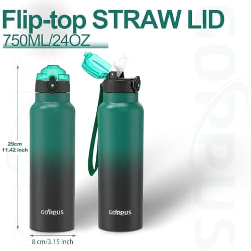 GOPPUS 750ml/26oz Stainless Water Bottle with Straw Double Wall Insulated Bottles with Strap Reusable Vacuum Thermal Flask Leakproof Keep Cold Drinks Bottles with Flip Top Lid BPA Free (Green Black) — view 2