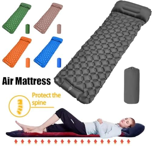 Camping Sleeping Pad with Built-in Foot Pump & Pillow, Thick Ultralight Inflatable Sleeping Mat, Compact Camping Mat for Hiking, Backpacking, Festivals & Tent (Grey) — view 2