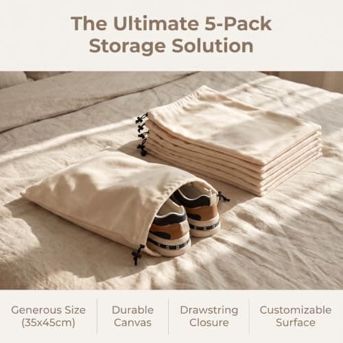 Focenat 5 Pack Shoe Bags for Travel, 45 x 35 cm Cotton Drawstring Storage — view 6