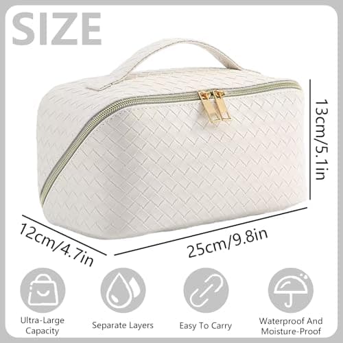 HUANYO Large Capacity Makeup Bag for Women, PU Leather Waterproof Travel Cosmetic Organizer with Handle & Divider, Portable Flat Lay Toiletry Bag (White) — view 2