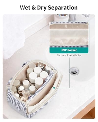 Narwey Large Toiletry Bag for Women, Travel Wash Bag Women for Full Size Toiletries, Wide Open Toiletries Bag Makeup Cosmetic Organizer Bag for Essentials Accessories (Greyish Blue Stripe) — view 4