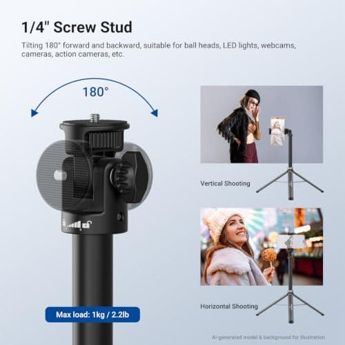 NEEWER BASICS Rolling Light Stand with 1/4" Screw & Phone Holder, Adjustable Aluminum Alloy Tripod with Detachable Wheels for Photography Video Lighting Cell Phone DSLR Action Camera Webcam, ST012 — view 4