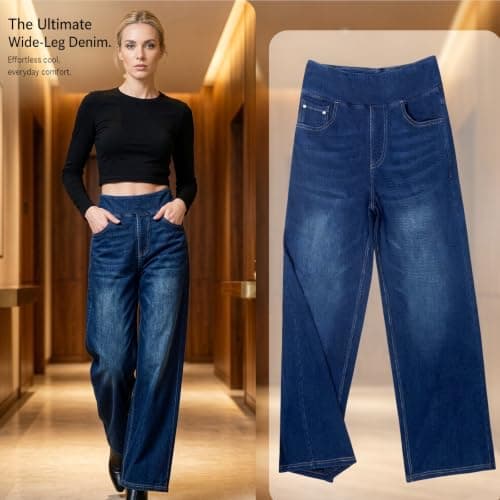 Thermal Leggings Women,Jeans for Women UK Wide Leg Trousers Womens Denim Pants Ladies Pull On Stretchy Elasticated Waist Jeans Baggy Trousers Travel Pants Work Trouser Fashion Clothing for Daily Wear — view 2