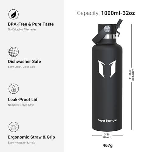 Sparrow Insulated Water Bottle 1L FlipFlow Metal Drinks Bottle with Straw — view 3
