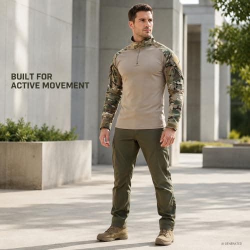 Men's Tactical Combat Shirt Quarter Zip Camo Top for Outdoor Training (E,S) — view 2