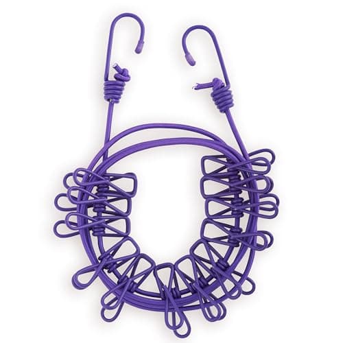 Star Buys Portable Travel Washing Line – Retractable Elastic Clothesline with Hooks & Pegs for Camping, Holidays & Hotel Rooms (Purple)