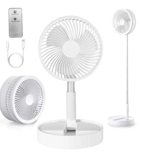 Portable Standing Pedestal Fan Rechargeable - 3600mAh Electric Silent Oscillating Floor Fan with Remote Control,USB Battery Telescopic Foldable Desk Table Fans for Bedroom Camping Travel (White)