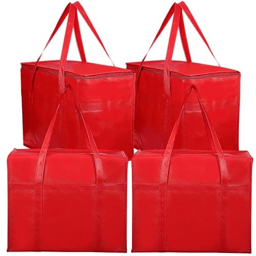 HOMSFOU 4pcs Large Insulated Grocery Bags Set Jumbo Thermal Tote Cooler Bags with Zippered Top Foldable Non-woven Fabric Lunch for Food and Travel 41x23x33cm Red