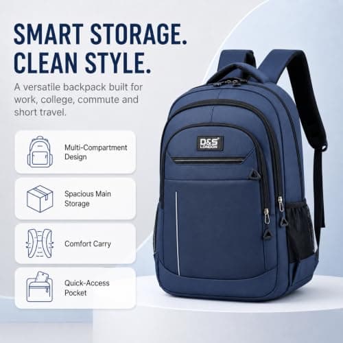 D&S London Laptop Backpack for Men & Women - Waterproof Travel Rucksack for Work, School & Business - 15.6-17 inch Laptop Bag, Large 30L Capacity, Anti-Theft Flight Approved Cabin Bag (Blue) — view 2