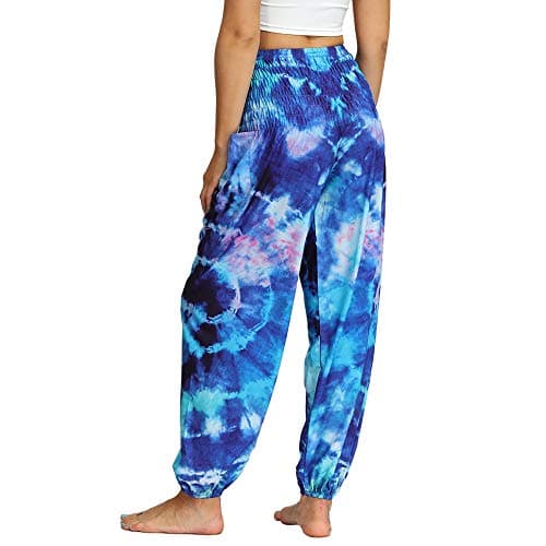Nuofengkudu Women's Hippie Baggy Harem Trousers Smocked High Waist Soft Bohemian Print Colourful Yoga Pants with Pockets Lightweight Flowy Travel Holiday Beachwear (Blue A,One Size) — view 5