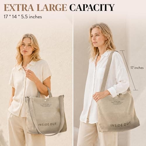 Large Canvas Tote Bag for Women 3 Small Inside Pockets-Vintage Crossbody Handbag for Work, Beach, Travel-16oz Cotton, Khaki, One Size — view 4