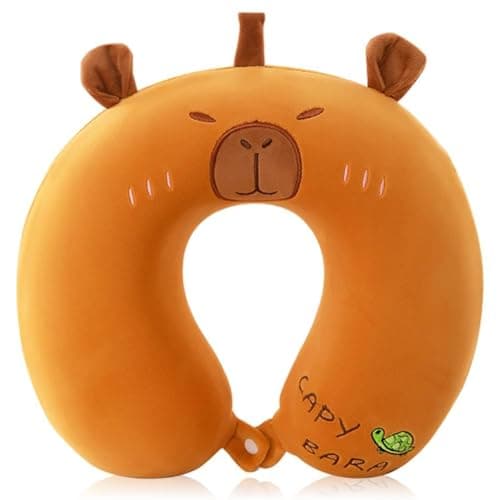 IQEPXTGO Capybara Neck Pillow for Travel, Soft Memory Foam Neck Support Pillows for Adults Kids, U-Shaped Pillow with Adorable Animal Design Travel Pillows for Home, Office, Planes, Trains-Brown