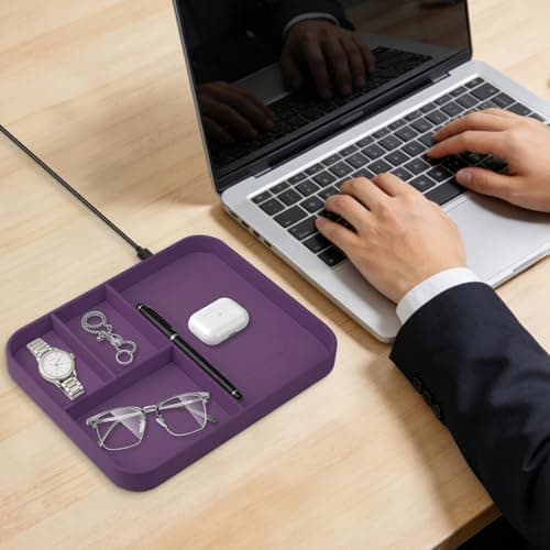 VOVIPO Faux Leather Valet Tray,with 2 in 1 Wireless Charging Compatible With iPhone/17/16/15/15 Plus/15 Pro/15 Pro Max/14/13/12/Wireless earphones,Office/Home Desk Organizers Tray-Purple — view 6