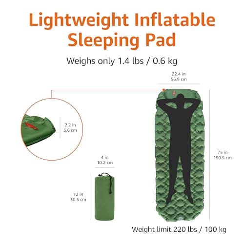 Amazon Basics Waterproof Camping Sleeping Pad,Camping Mat,Compact,Folding,Inflatable,Lightweight,Built-in foot pump, 190.5 x 57 x 5.6 cm, Olive Green — view 4