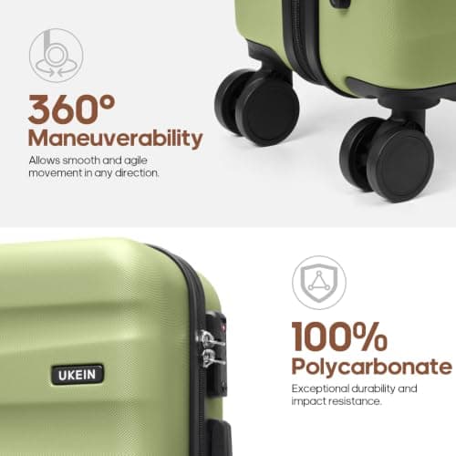 UKEIN Luggage Set with Backpack,Hardshell Carry On Luggage Airline Approved, Light Green, 3 piece set (20inch), Luggag With Spinner Wheels and Backpack — view 4