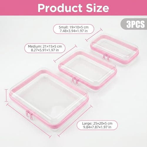 3PCS Clear Hard Shell Zipper Cases Transparent Toiletry Toys Bags Waterproof Cosmetic Toiletry Bag Portable Travel Organizer for Travel Makeup Tools Toy Storage Bin, Puzzles (Pink) — view 2