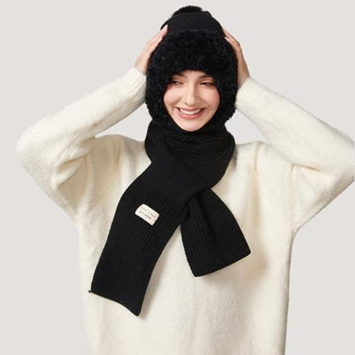 TAGVO Winter Slouch Knit Hat & Scarf Women, Multifunction Thermal Elastic Wooly Snood Hood Beanie Hat in Soft Fleece with Hairball, 2 in 1 Windproof Full Face Mask Neck Warmer Protection For Ladies — view 4