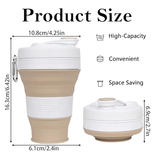 MORAINJAY Collapsible Coffee Cup with Lids,20oz/600ml Khaki Silicone Portable Reusable Coffee Mug,Foldable Camping Travel Cup Fits in Your Pocket(Collapses to 7cm) — view 2