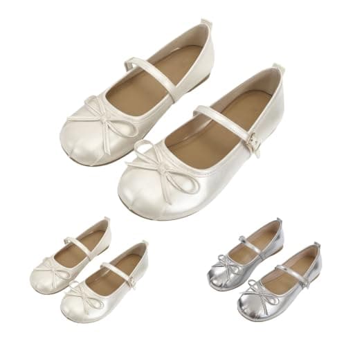 UK 4 Ballet Flats for Women Closed Round Toe Low Heel Mary Jane Flats with Bow Buckle Strap Shinny Daily Comfy Flat Dress Shoes Cream — view 4