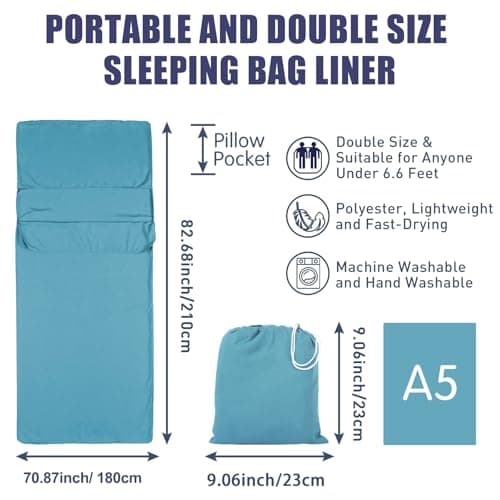 Plliocse Sleeping Bag Liner, Portable Travel Camping Sheet, 180 x 210 cm Double Size Sleeping Bag Liner with Pillow Pockets for Adults Hotels Business Trip Camping (Blue, 180cm x 210 cm) — view 3