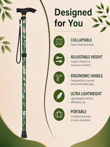 HATAF Adjustable Folding Walking Stick 85-95cm for Men, Women & Ladies – Lightweight Collapsible Cane, Balance Support & Non-Slip Tip, Mobility Aid for Seniors, Elderly & Disabled (Green Flowers) — view 4