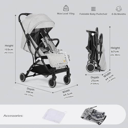 Baby Stroller Pushchair, One-Hand Foldable Compact Travel Stroller Buggy with Rain Cover&Mosquito Net, Lightweight Baby Pram with 5-Point Harness, Adjustable Seat and Large Basket, 0-15KG, Light Grey — view 5