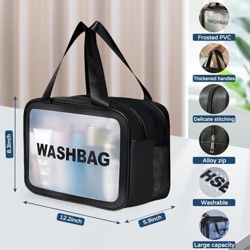 Large Clear Wash Bag, Dry Wet Segregation Toiletry Bag with Hollow Mesh Portable Makeup Bag PVC Waterproof Cosmetic Bag Travel Toiletries Bags for Women Men (Large-Black) — view 5