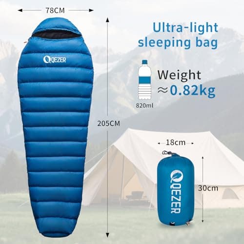 QEZER Down Sleeping Bag,650FP-RDS,Only 820 g, Lightweight Sleeping Bag, Small Pack Size for 3 Seasons, Camping, Trekking and Hiking — view 2