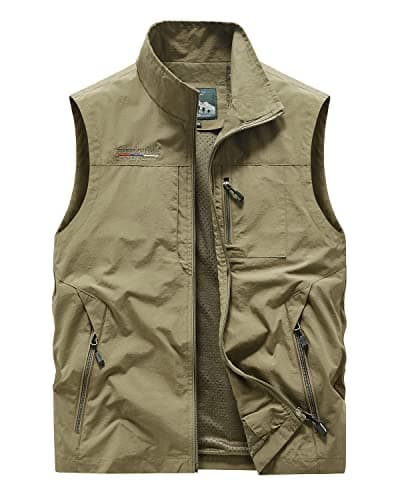 Oralidera Men's Multi Pocket Mesh Vest Sleeveless Top Jacket Outdoor Fishing Camping Waistcoat Travelling Hiking Gilet, Khaki, L