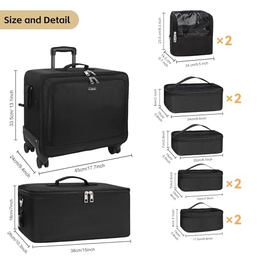 4-in-1 Professional Cosmetic Trolley Large Vanity Case With Wheels for Travel, Beauty, Hairdressing, Makeup, Tattoo and Nail Art - Multifunctional Design, Black, 01_Set — view 6