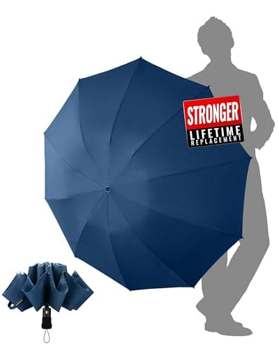 Chakipee Travel Windproof Strong Compact Umbrella - 10 Ribs Blue Portable Umbrella for Men and Women - Inverted Folding Automatic Umbrellas for Wind and Rain, 210T Fabric 105cm Span